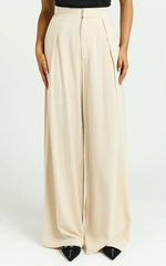 Hermione Linen Blend Pants - High Waist Wide Leg Pleated Palazzo Pants in Natural