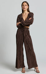 Kallie Pants - High Waist Drawstring Plisse Pants in Chocolate