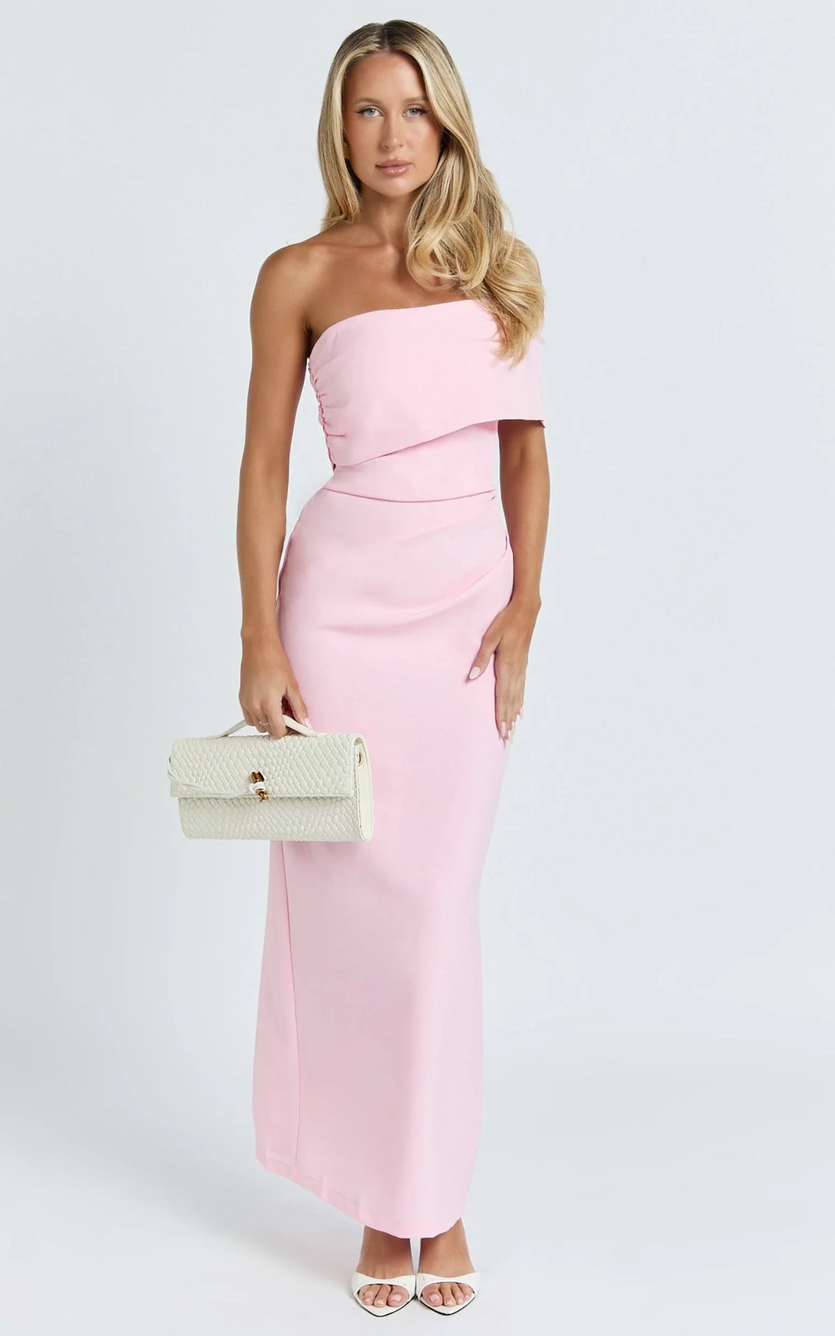 Pearce Maxi Dress - Gathered One Sleeve Bodycon Dress in Pale Pink