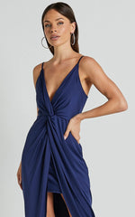 Dominique Midi Dress - V Neck Twist Front Jersey Dress in Navy