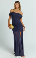 Alanna Maxi Dress - Off Shoulder Ruched Mesh Dress in Ink