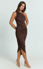 Lovlin Midi Dress - One Shoulder Ruched Dress in Chocolate