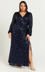 Mariella Midi Dress - Sequin Long Sleeve Thigh Split Dress in Navy