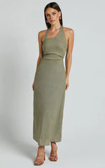 Lindley Midi Dress - Halter Neck Linen Look Dress in Olive