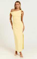 Cincinnati Midi Dress - Off The Shoulder Side Split Column Linen Dress in Lemon