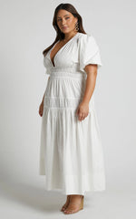Mellie Midi Dress - Puff Sleeve Plunge Tiered Dress in White