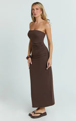 Natasha Midi Dress - Strapless Ruched Column Dress in Chocolate