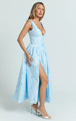 Posie Midi Dress - Jacquard Fit And Flare Dress in Blue