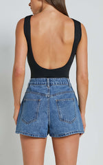 Harriet Skort - Mid Waisted Recycled Denim Skort in Mid Blue Wash