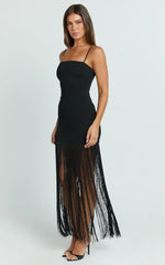 Evie Maxi Dress - Crepe Fringed Shift Dress in Black