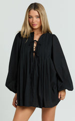 Suzette Mini Dress - High Neck Tie Front Long Sleeve Pleat Front Babydoll Dress in Black