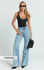 Jacqueline Jeans - High Waisted Relaxed Recycled Denim Bootcut Jeans in Mid Blue Wash