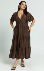 Cryzel Midi Dress - Flutter Sleeve Tiered Dress in Chocolate
