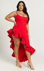 Maura Maxi Dress - Scoop Neckline Ruffle High Low Dress in Red