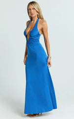 Denise Maxi Dress - Halter U Ruched Neck Cut Out Jersey Dress in Blue