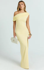 Helen Maxi Dress - One Shoulder Draped Fitted Dress in Lemon