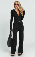 Kelsey Top - Button Through Long Sleeve Knitted Top in Black