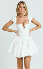 Fabia Mini Dress - Cap Sleeve Square Neck Fit And Flare Dress in White