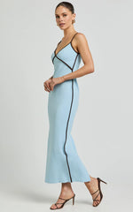 Ciara Midi Dress - V Neck Sleeveless Slip Dress in Blue