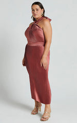 Marlette Midi Dress - Pleated Open Back Halter Dress in Rust