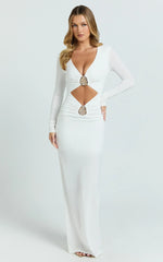 Dakota Maxi Dress - Long Sleeve V Neck Bodycon Dress in Cream