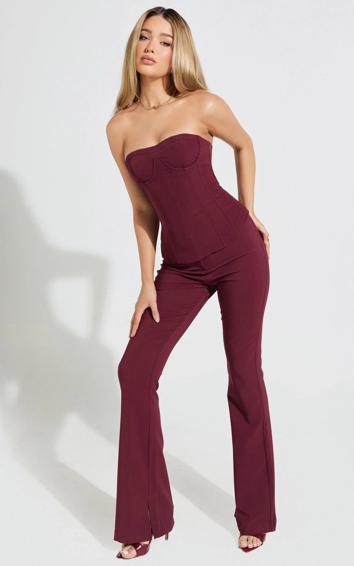 Irene Pants - Mid Rise Split Hem Bootleg Pants in Wine