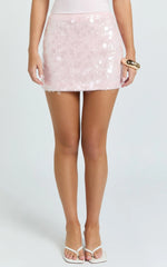 Rhonda Mini Skirt - Low Rise Sequin Skirt in Baby Pink
