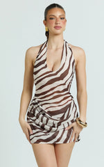 Hattie Mini Dress - Scoop Halter Neck Drape Front Dress in Chocolate