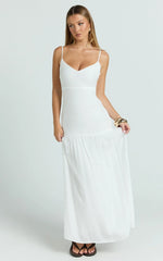 Collins Maxi Dress - V Neck Dropped Waist Gathered Maxi Dress in Off White
