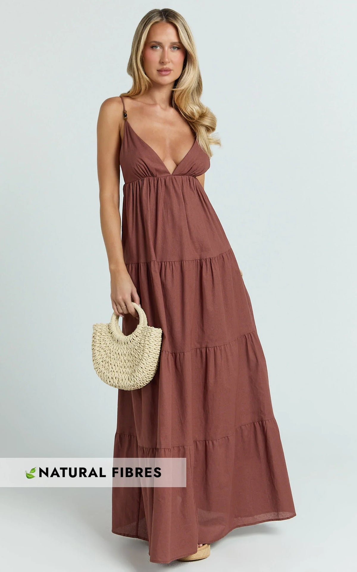 Eugene Maxi Dress - Beaded Strap Tiered Maxi Dress in Brown