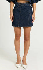 Katherine Mini Skirt - Cross Front Recycled Denim Skirt in Dark Blue Wash
