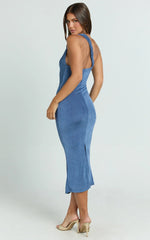 Arietty Midi Dress - One Shoulder Asymmetrical Ruched Dress in Steel Blue