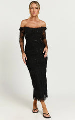 Evelyn Midi Dress - Long Sleeve Shirred Tulle Dress in Black Polka