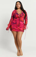 Alesya Mini Dress - Ruffle Plunge Neck Long Sleeve Tie Detail Dress in Adeana Print