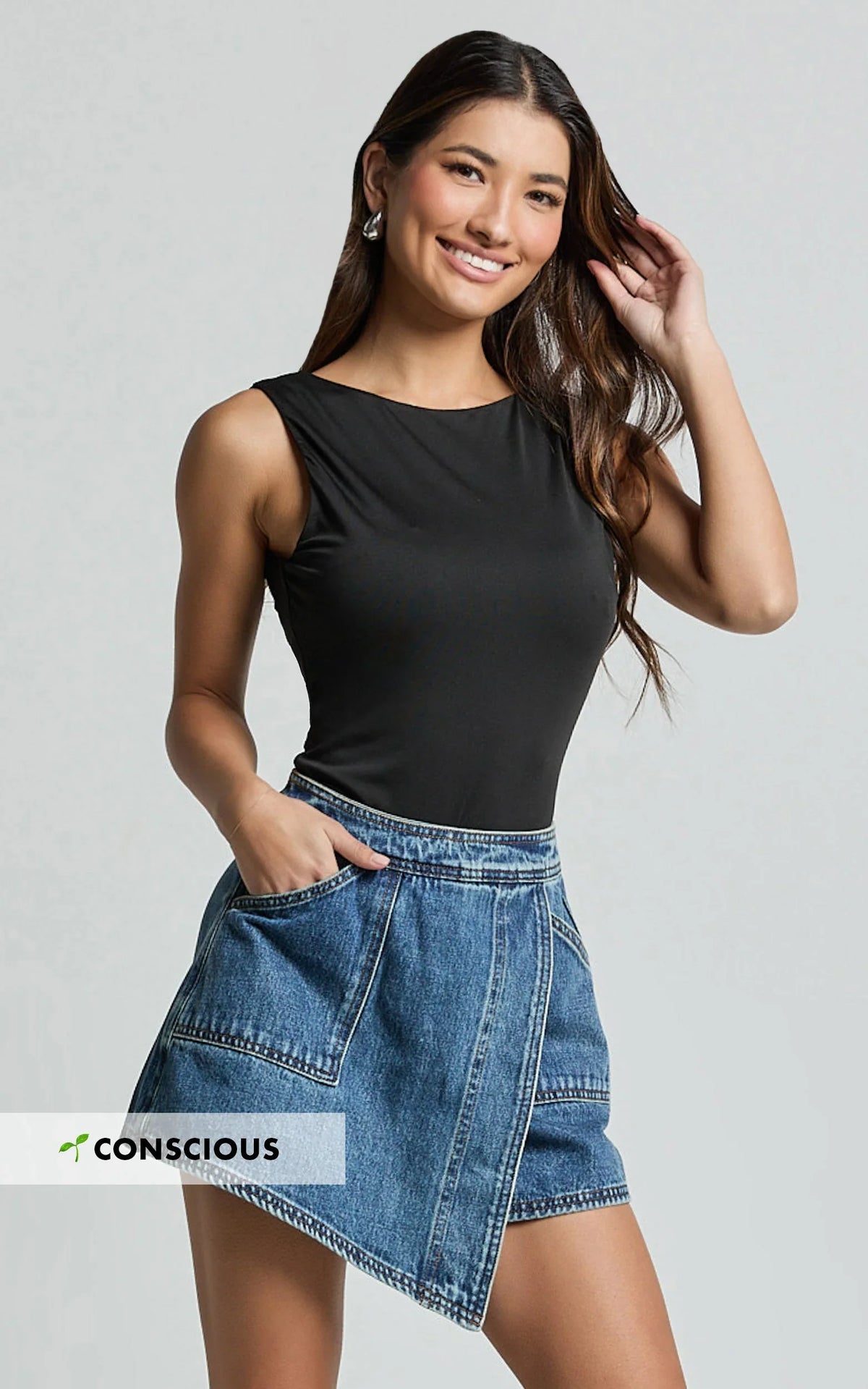 Harleigh Skort - Pocket Detail Wrap Denim Skort in Dark Blue Wash