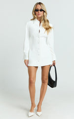 Thelma Mini Dress - Button Front Pleat Waist Tulip Skirt Shirtdress in White