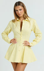 Dale Mini Dress - Power Shoulder Collared Button Down Fit And Flare Dress in Lemon