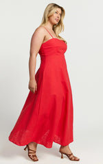 Brette Midi Dress - Linen Straight Neck Strappy Fit And Flare Dress in Red