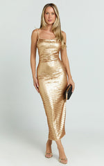 Niquita Midi Dress - Square Sequin Column Dress in Gold