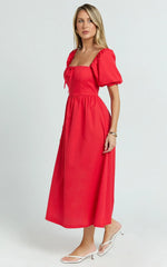 Quinn Midi Linen Blend Dress - Puff Sleeve Square Neck Dress in Red