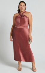 Marlette Midi Dress - Pleated Open Back Halter Dress in Rust