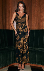 Dara Midi Dress - Low Neck Sleeveless Slip Dress in Amber Floral Print