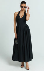Athena Midi Dress - Halter Drop Waist Dress in Black