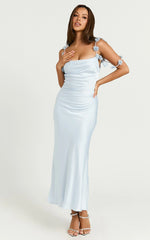 Lyka Midi Dress - Floral Straps Satin Dress in Light Blue