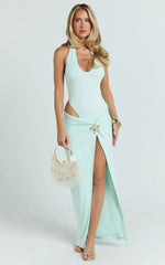 Nerissa Midi Skirt - Jewelled Trim Twist Leg Split Skirt in Mint