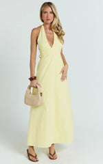 Connor Maxi Dress - Halter Neck Tie Back Dress in Lemon