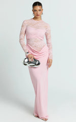 Crisanta Maxi Dress - Long Sleeve Contrast Lace Bodycon Dress in Pink
