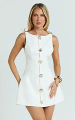 Izzy Mini Dress - Gold Trims Feature Tulip Skirt Dress in White
