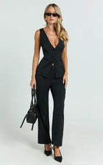 Gilmore Pants - Low Rise Satin Contrast Tailored Pants in Black