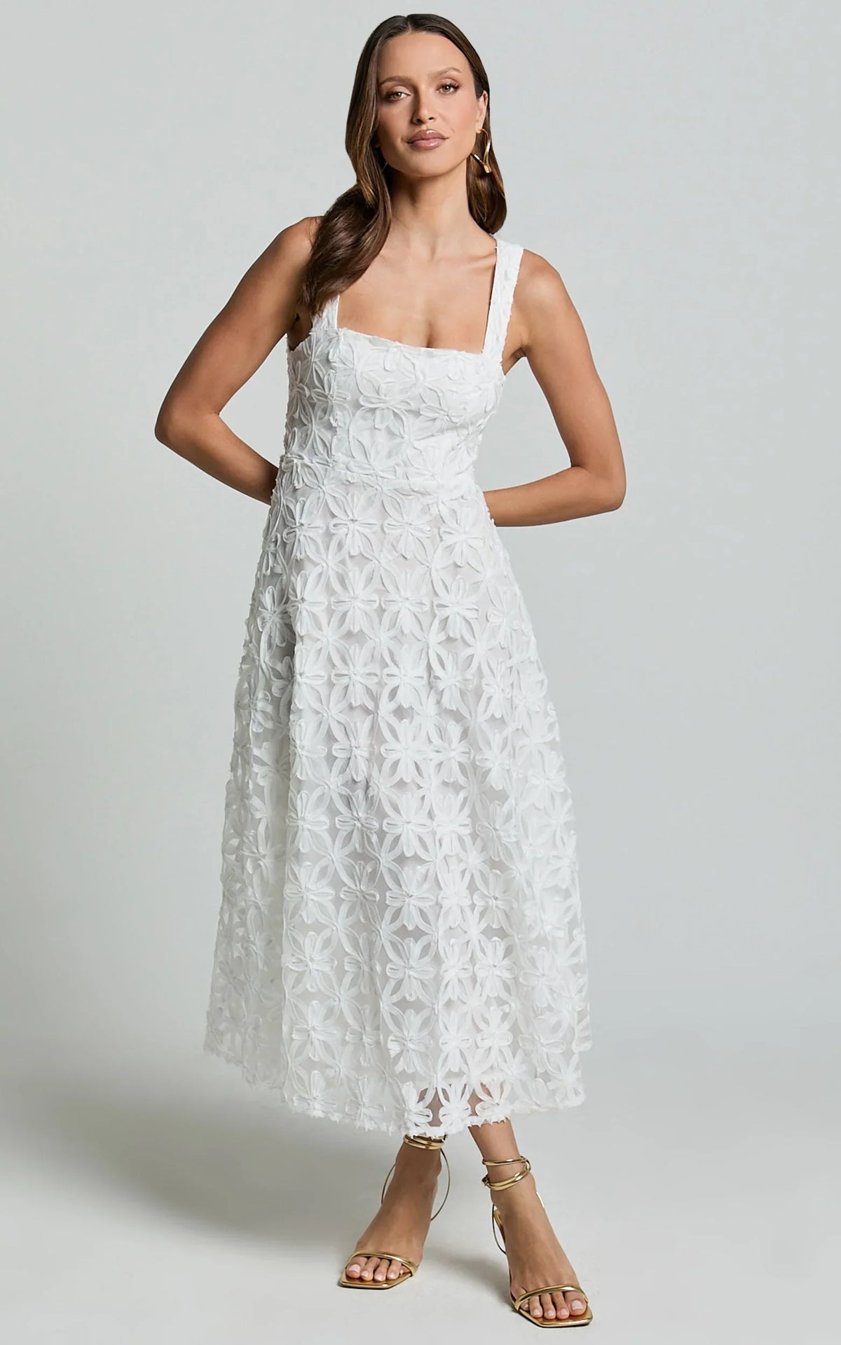 Clarissa Midi Dress - Square Neck Open Back A Line Dress in White